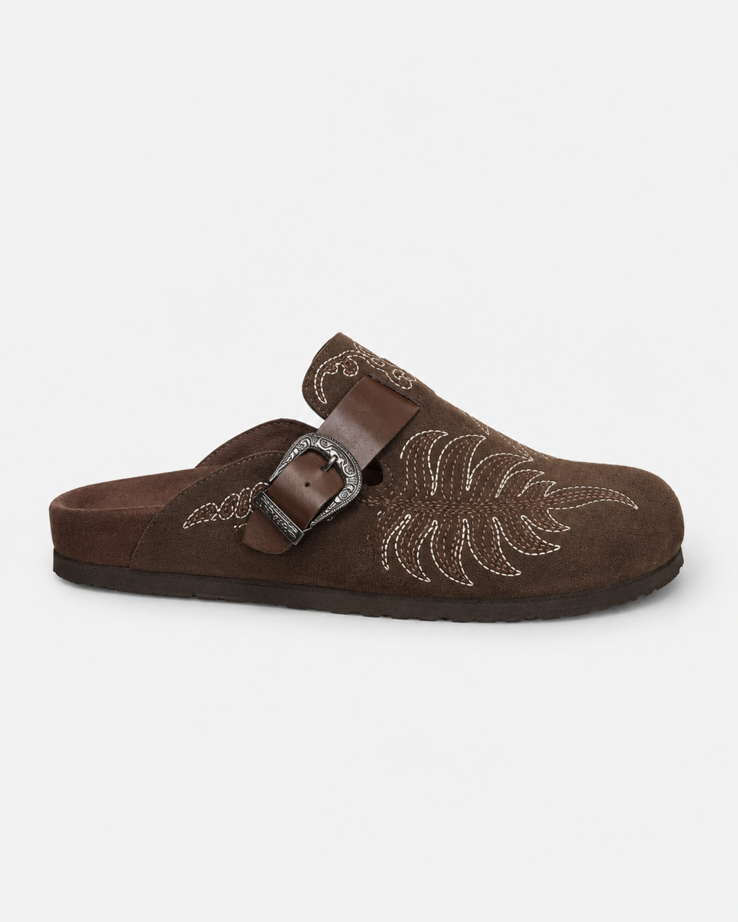 Western Buckle Suede Mule - Dark Brown