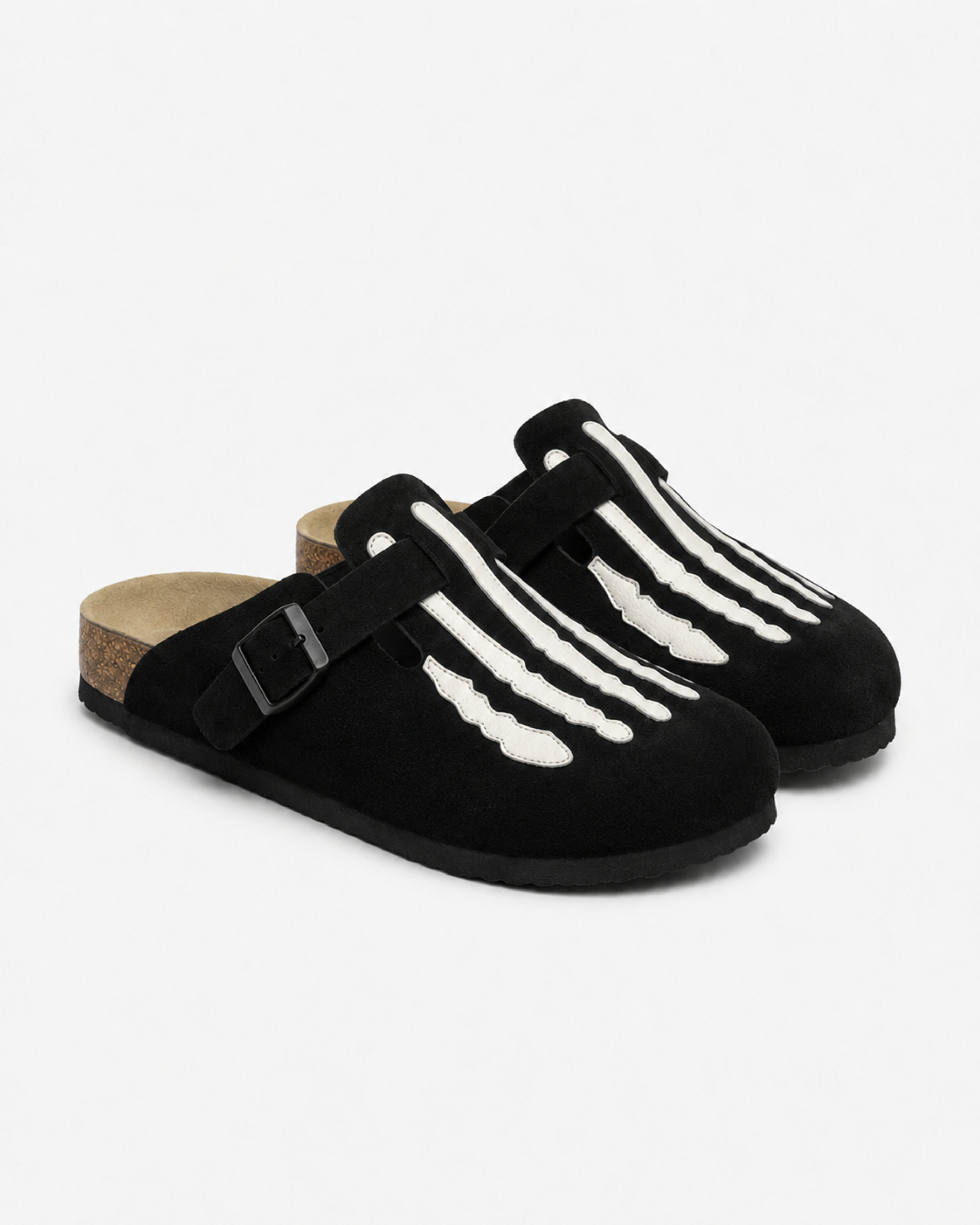 Skeleton Buckle Suede Mule - Black