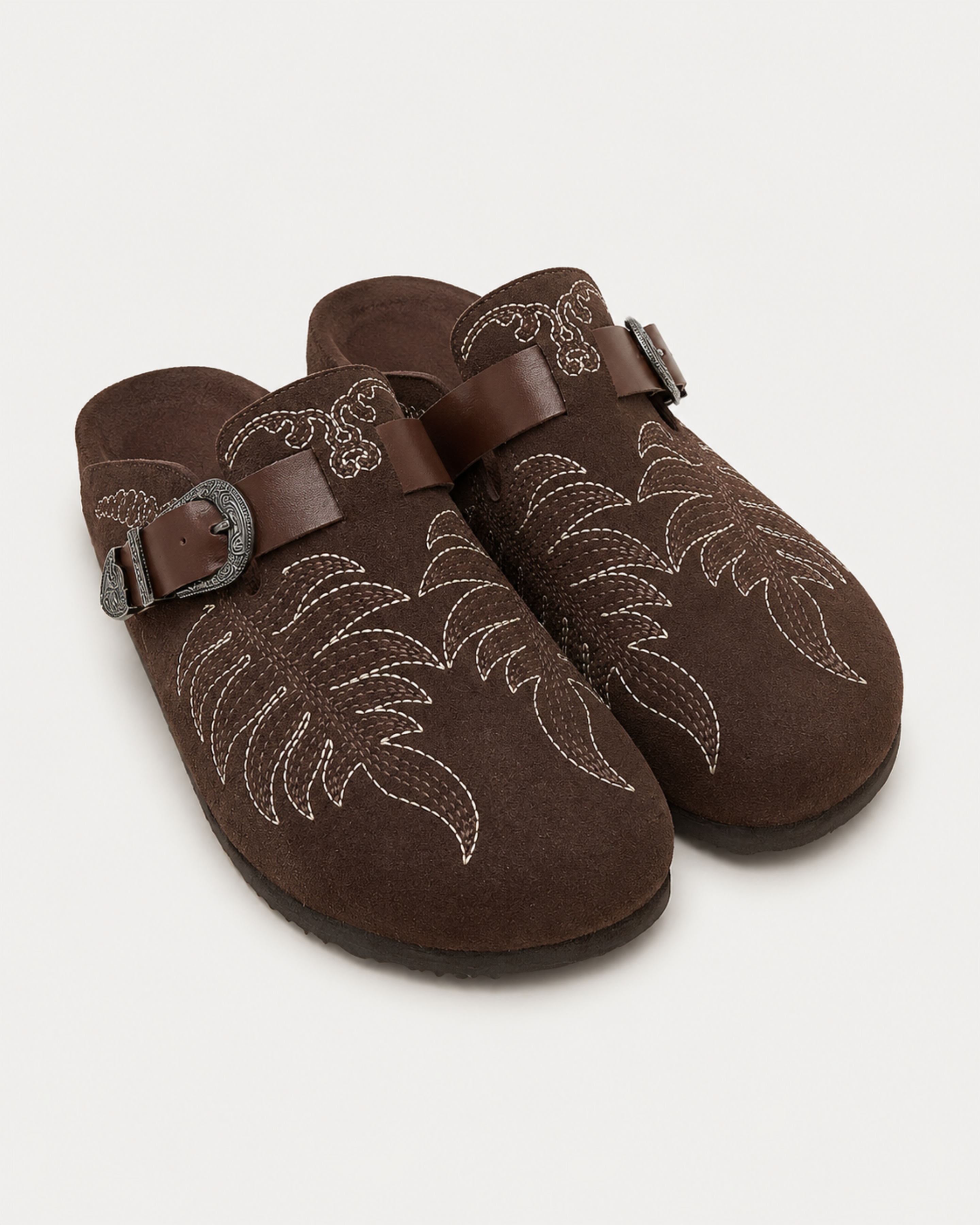 Western Buckle Suede Mule - Dark Brown