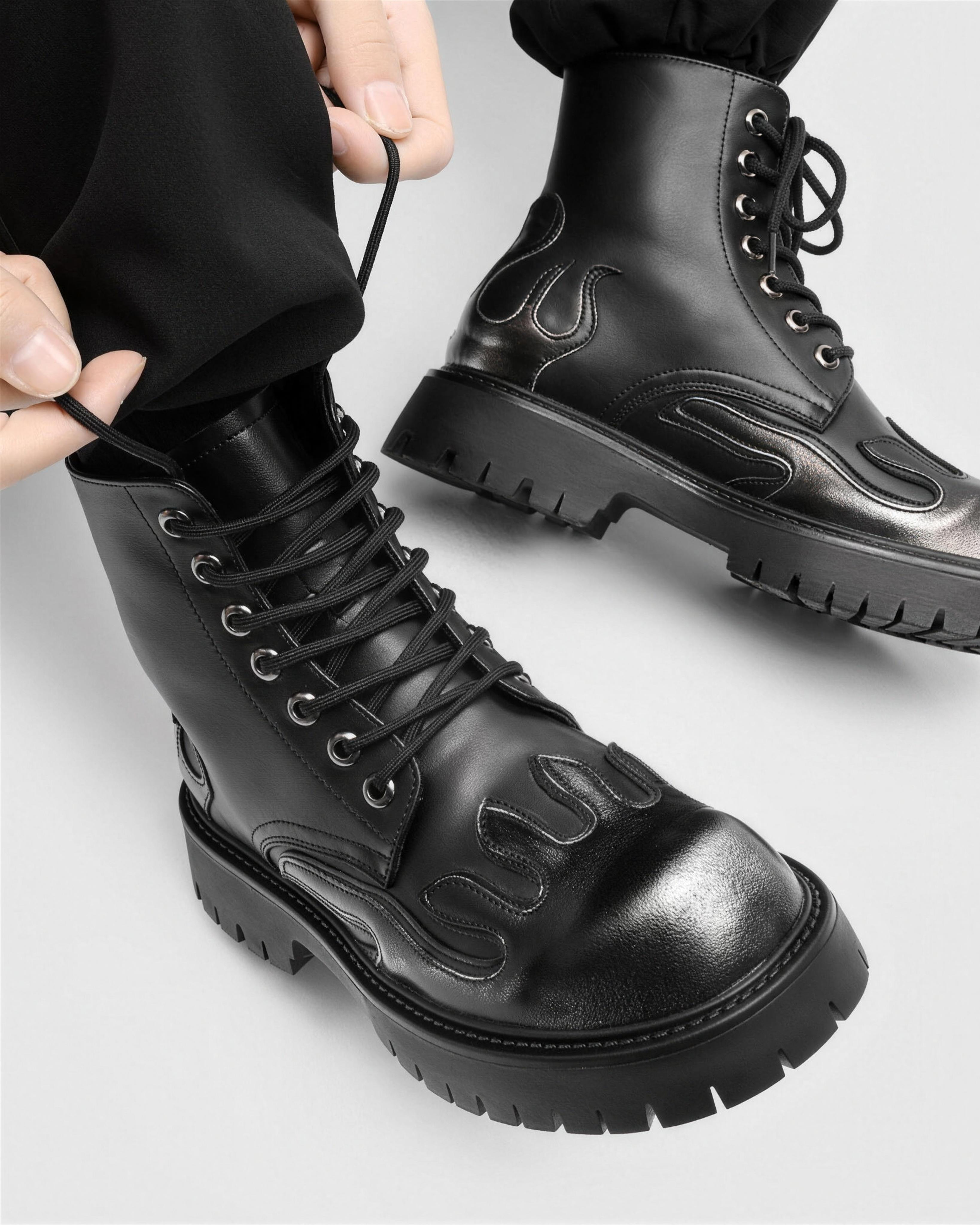 VASARI Flame Combat Boot in black, on-foot lacing view