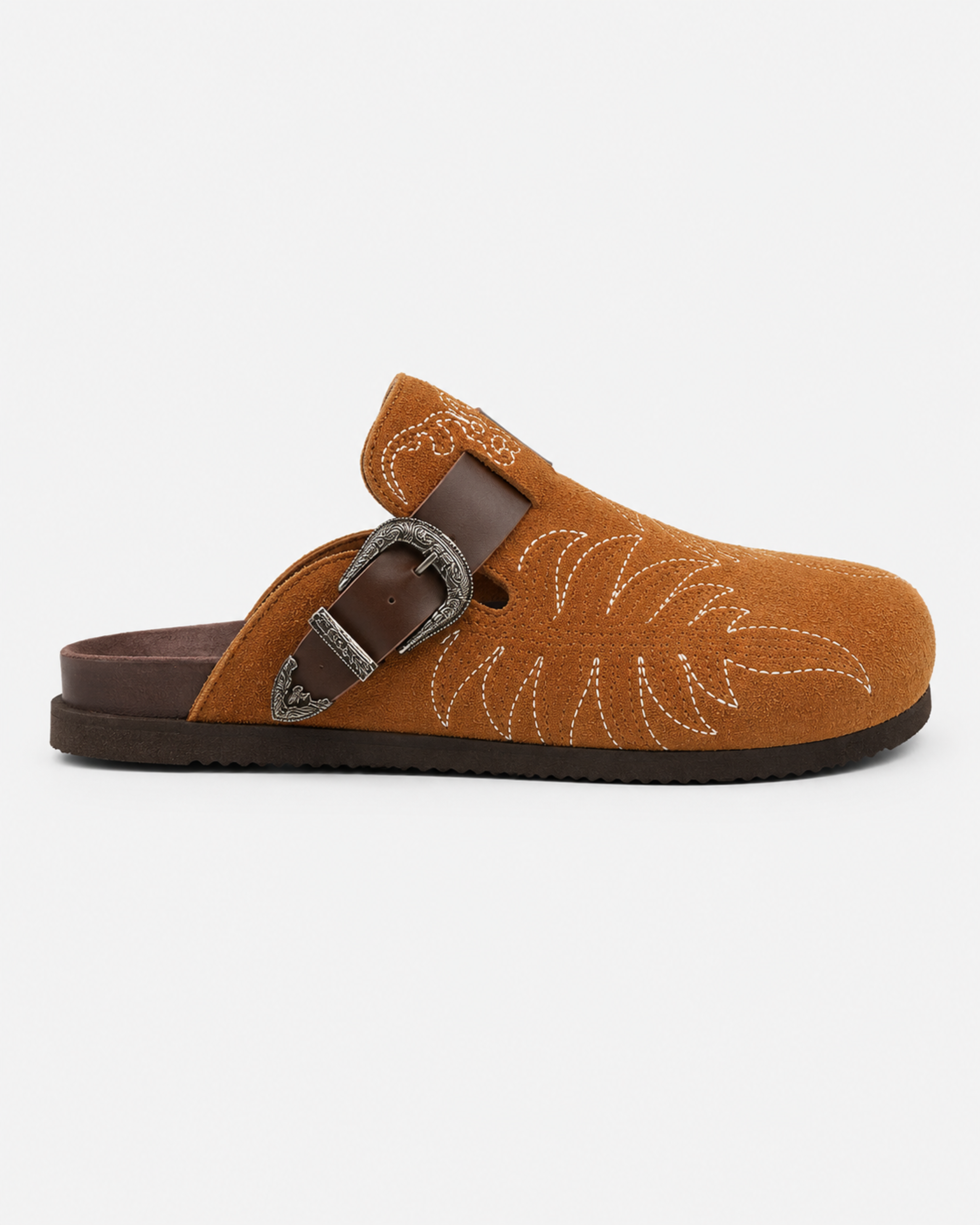 Western Buckle Suede Mule - Camel