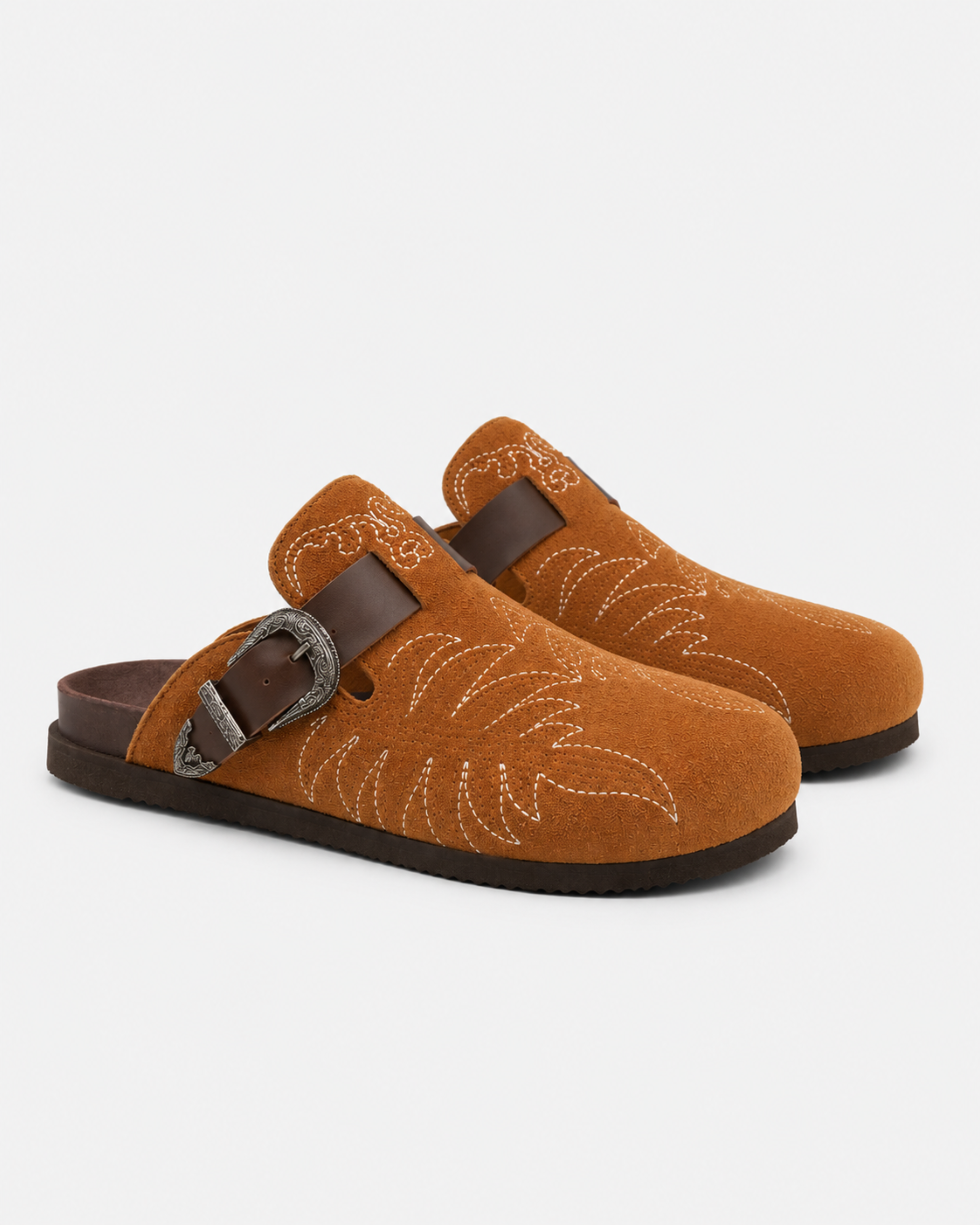 Western Buckle Suede Mule - Camel