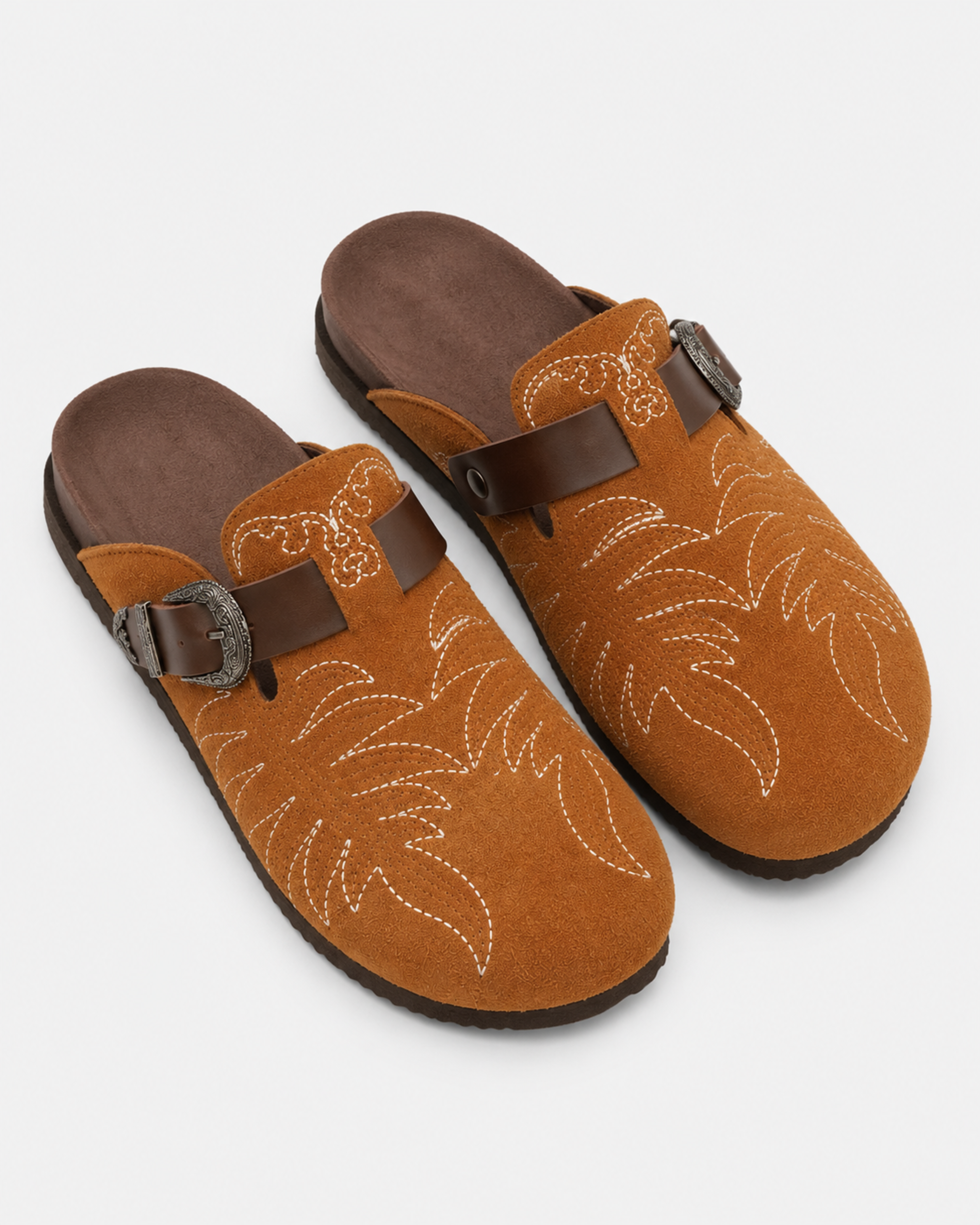 Western Buckle Suede Mule - Camel