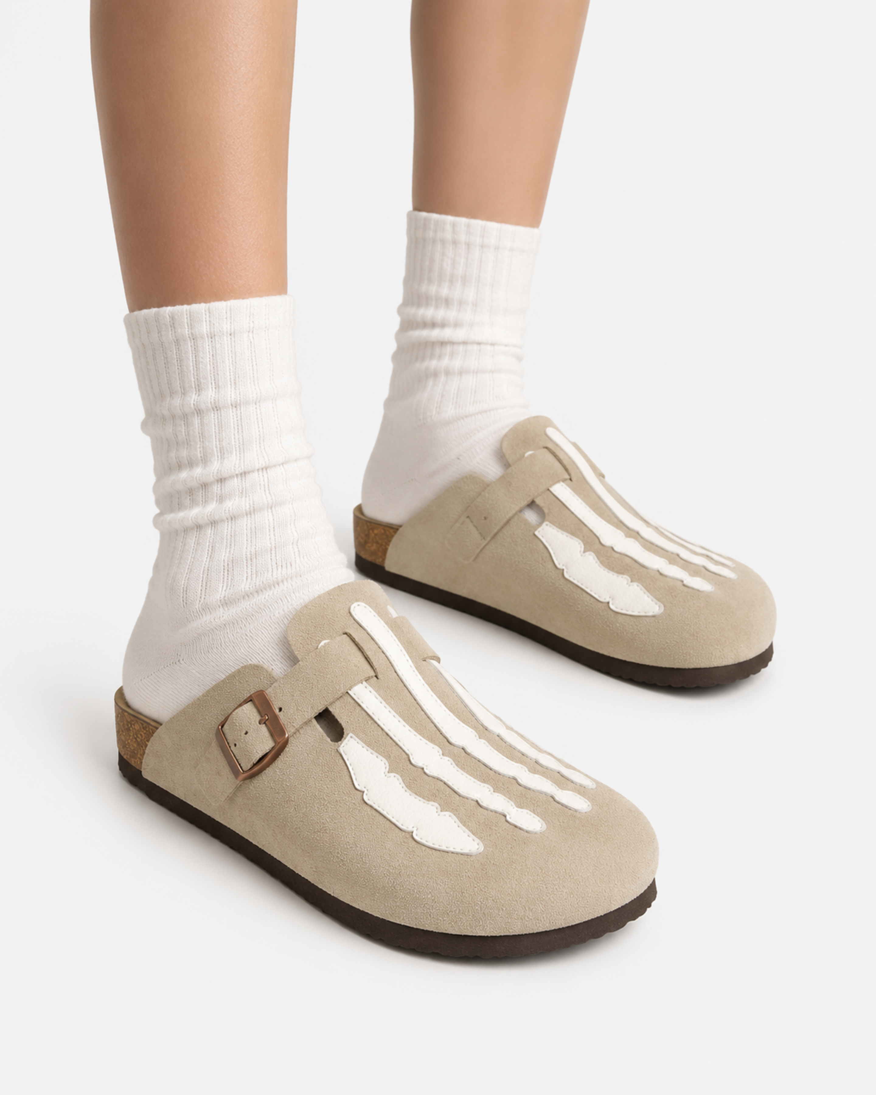 Skeleton Buckle Suede Mule - Grey