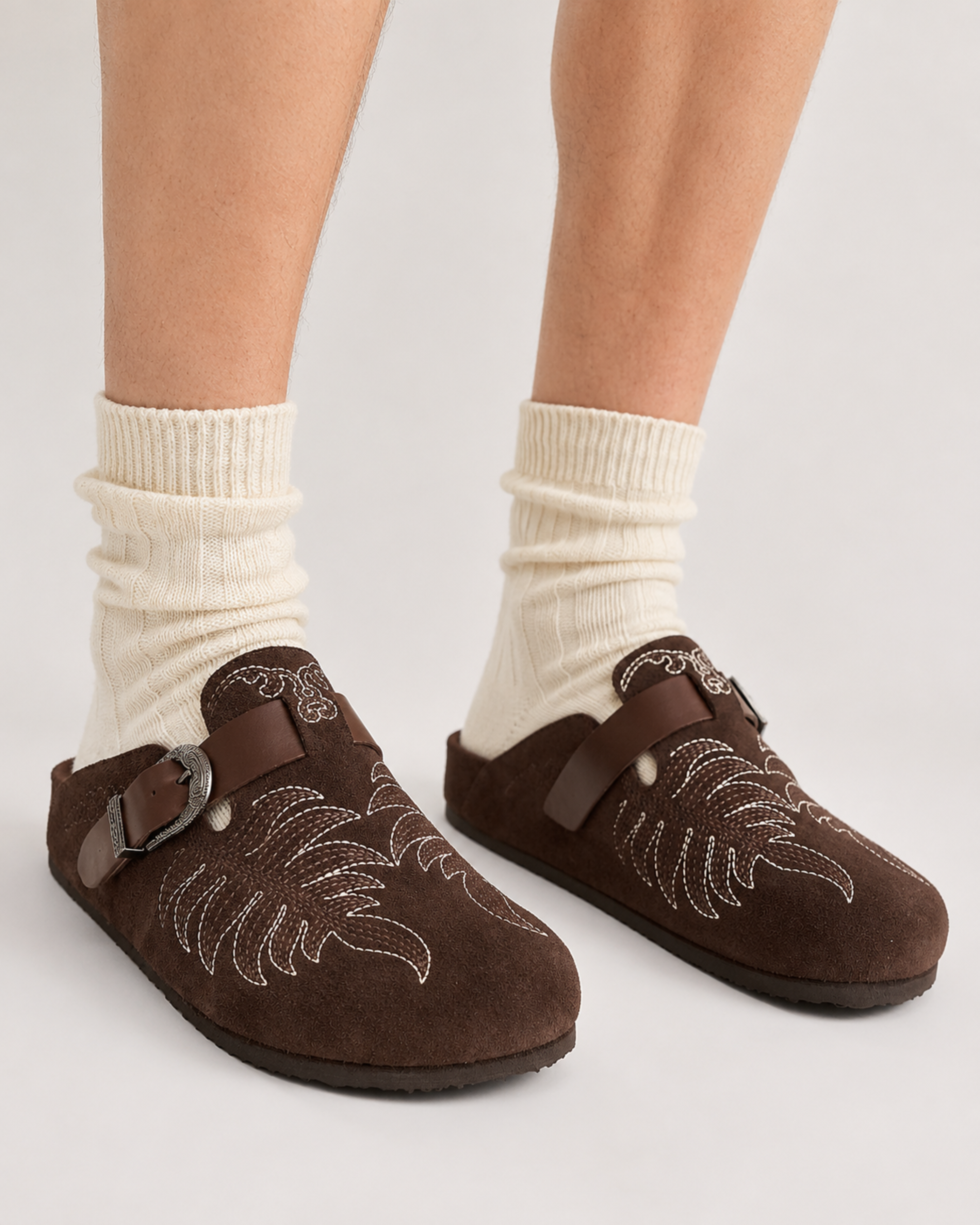 Western Buckle Suede Mule - Dark Brown
